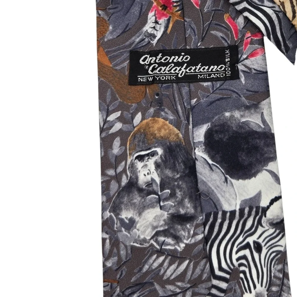 Atonio Calafatano Novelty Silk Tie Animal Print Gray Safari Zoo‎